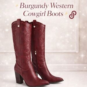 Burgundy Embroidered Western Cowgirl Boots - Women's Fashion Heel
